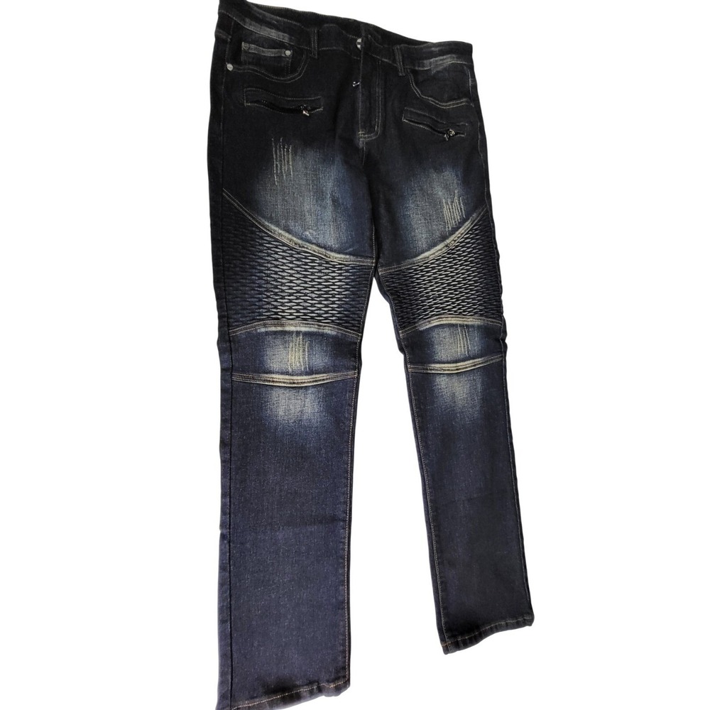 Jeans Mens Dark Wash Moto Biker Denim Slim Fit Ribbed Knee Distressed Size 34